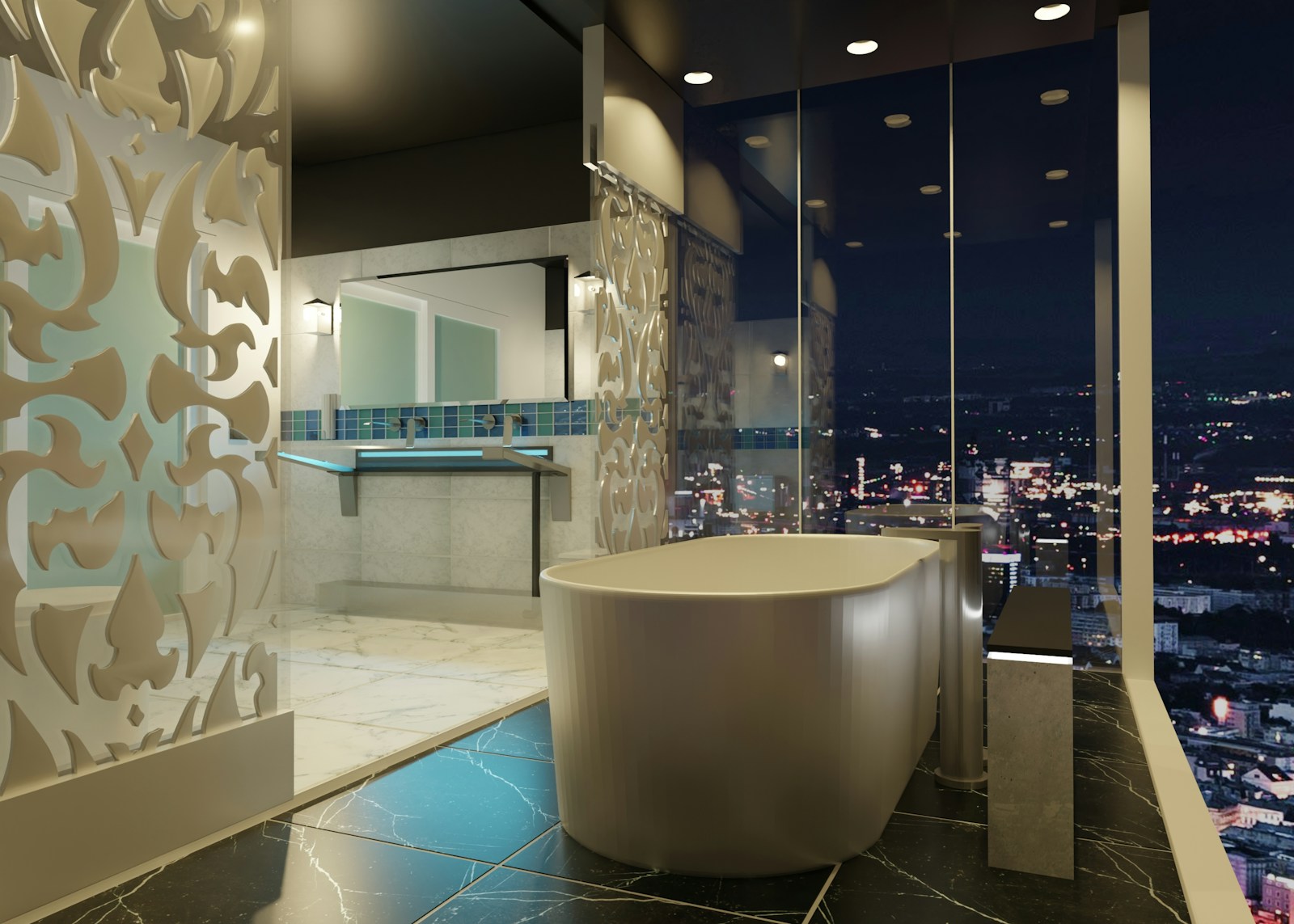 A bathroom with a tub and a large window